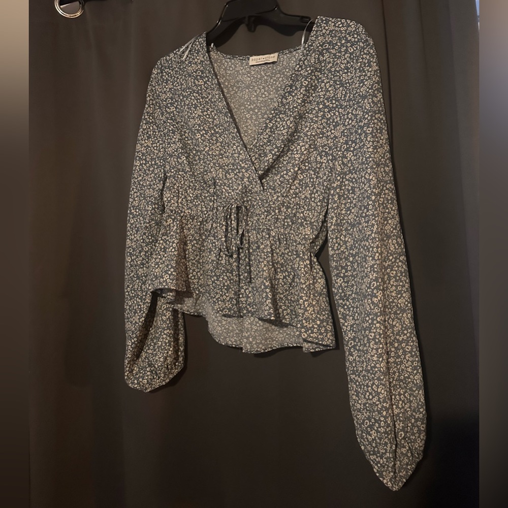 Blue floral long sleeve, paper crane, size small